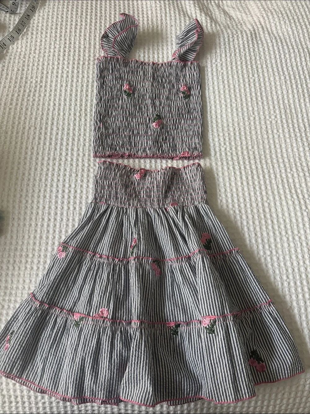 Little Mass Black & White Stripe Top and Skirt Set with Pink Rose Embroidery